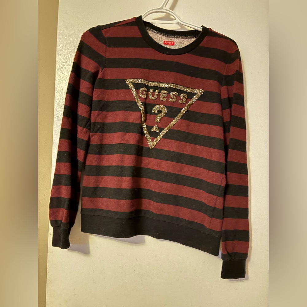 GUESS WOMENS Striped Sweater - burgundy and Black